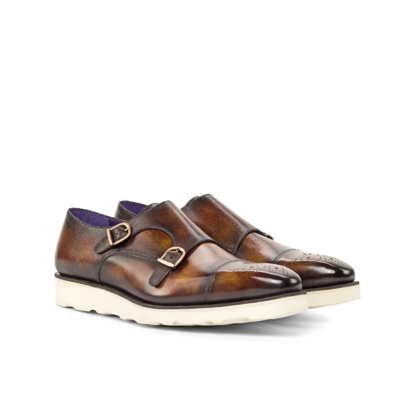 Men's Cushioned Shoes DapperFam Monaco in Fire Men's Hand-Painted Patina Double Monk