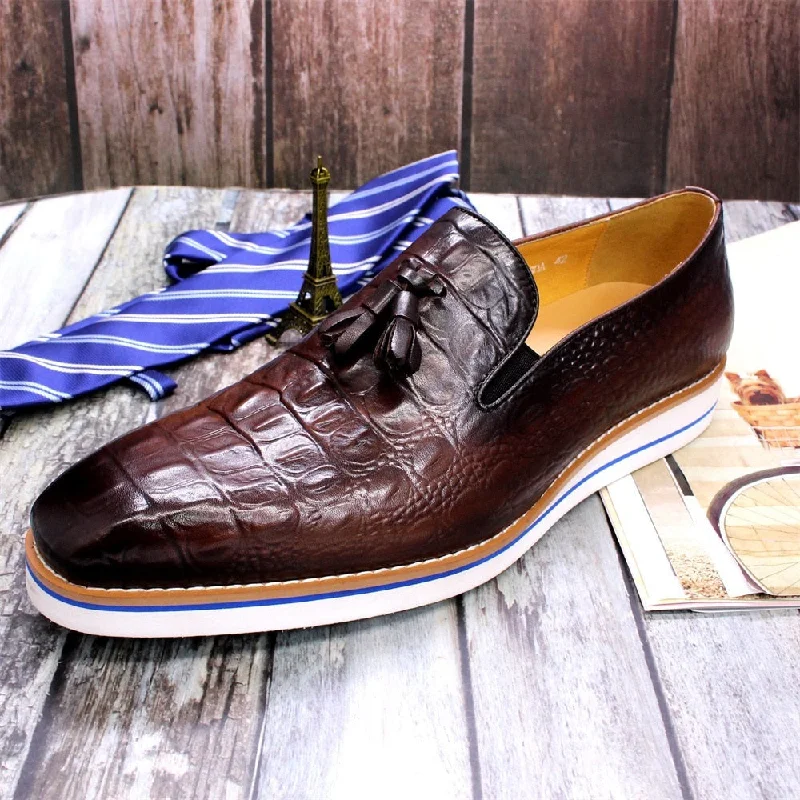 Unbeatable Prices On Top-Brand Shoes Men's Casual Cowhide Crocodile Fringe Cut Sewing Single Head Layer Shoes