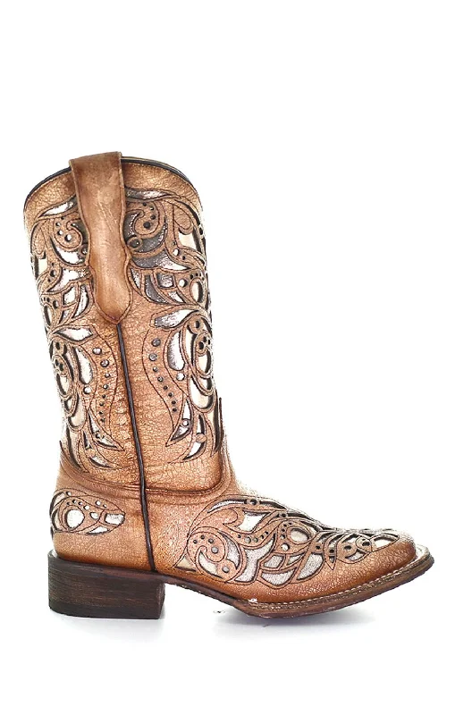 Unbeatable Prices On Top-Brand Shoes Corral Youth Girls T0104 Beige Leather 11in Butterfly Inlay Cowboy Boots